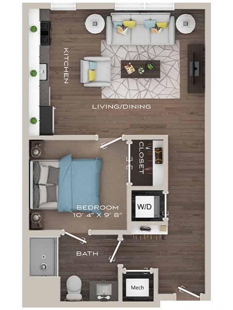 Floor plan for studio, 1 bath, 521 sqft